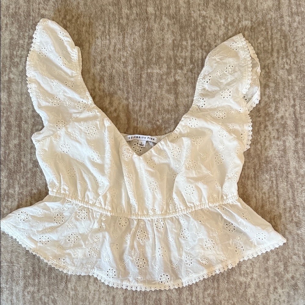 Super Cool Celebrity Pink Cream Eyelet Blouse Size Large